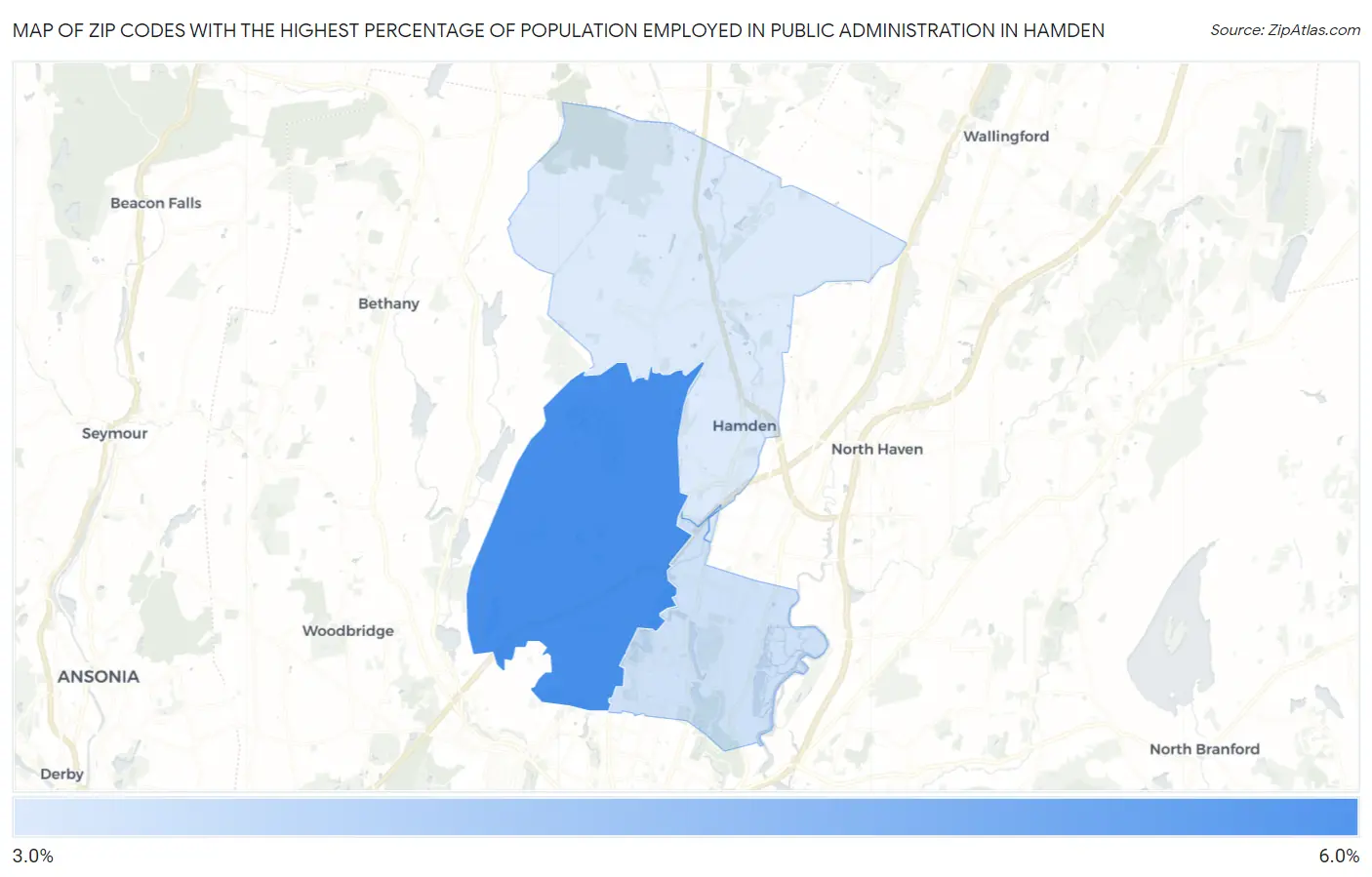 Zip Codes with the Highest Percentage of Population Employed in Public Administration in Hamden Map