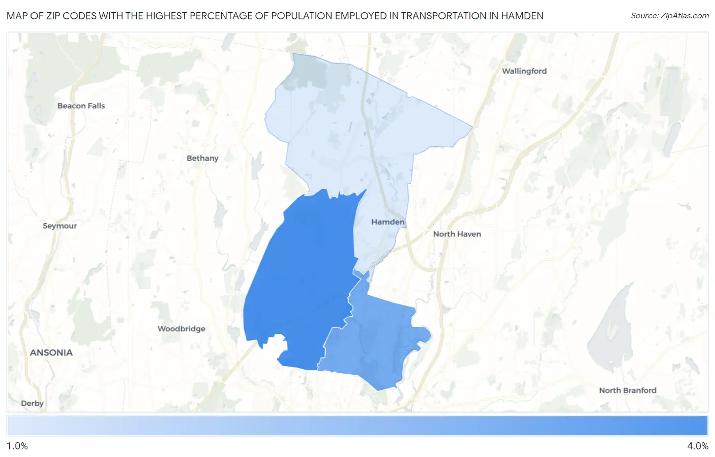Zip Codes with the Highest Percentage of Population Employed in Transportation in Hamden Map