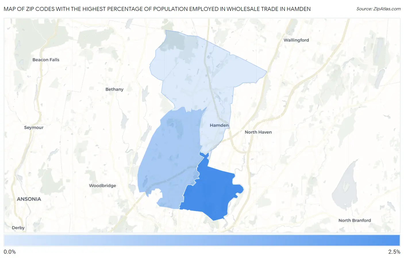 Zip Codes with the Highest Percentage of Population Employed in Wholesale Trade in Hamden Map