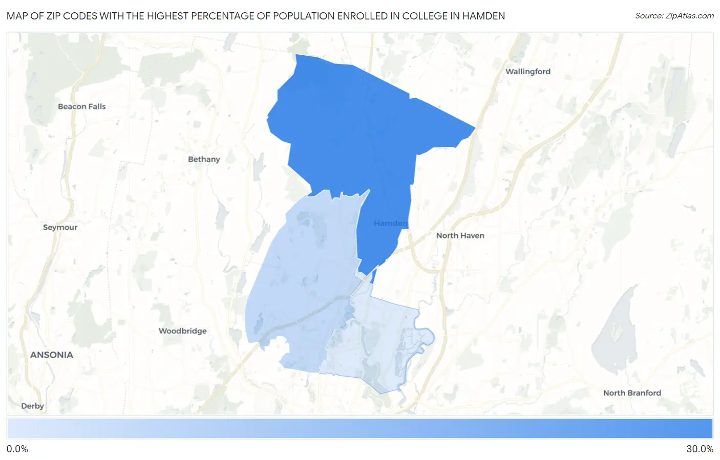 Zip Codes with the Highest Percentage of Population Enrolled in College in Hamden Map