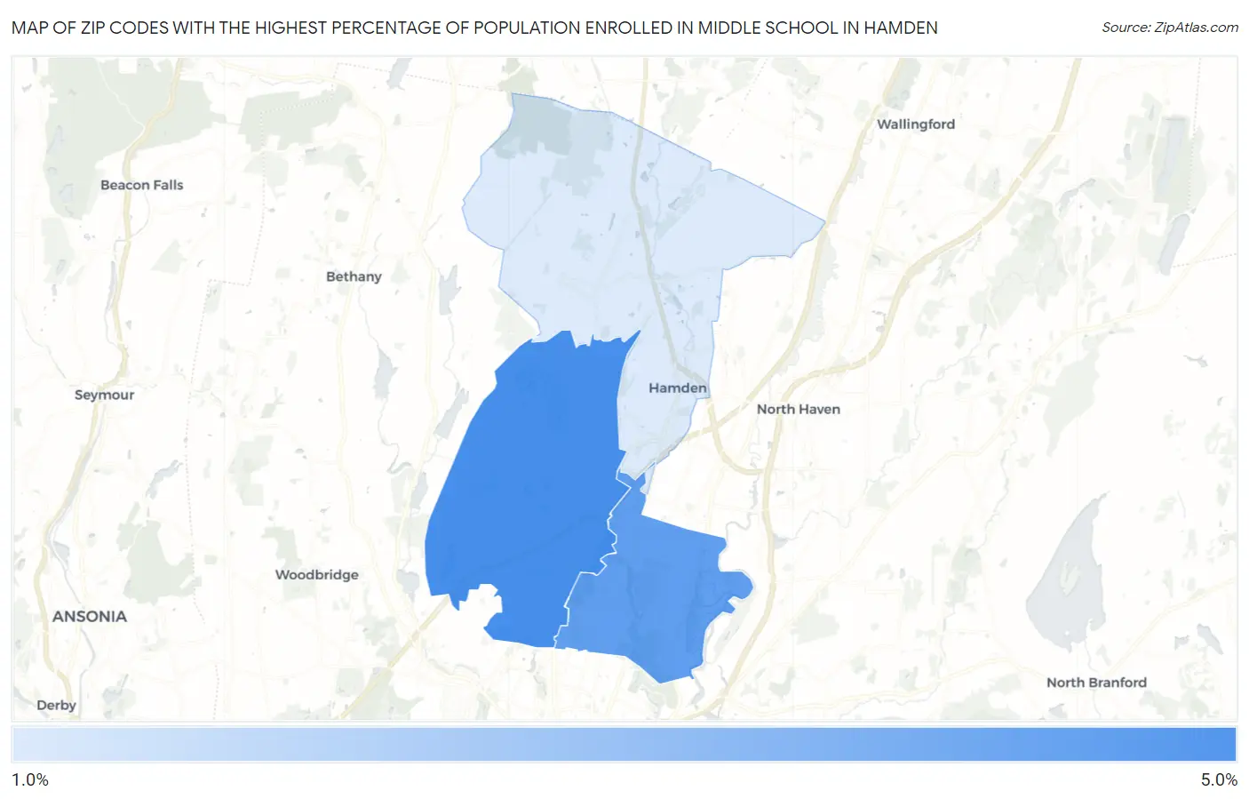 Zip Codes with the Highest Percentage of Population Enrolled in Middle School in Hamden Map