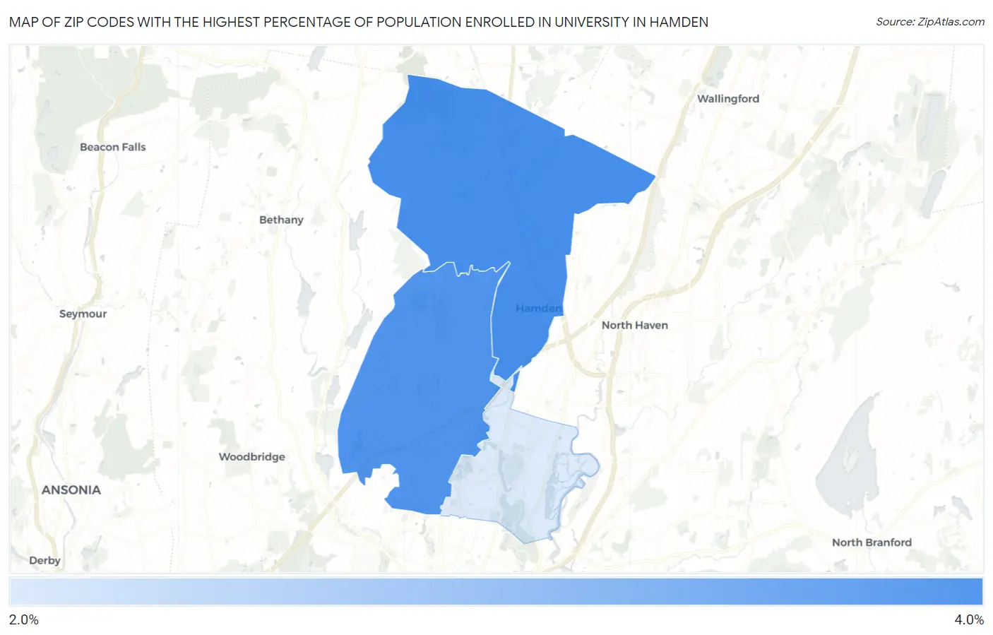 Zip Codes with the Highest Percentage of Population Enrolled in University in Hamden Map
