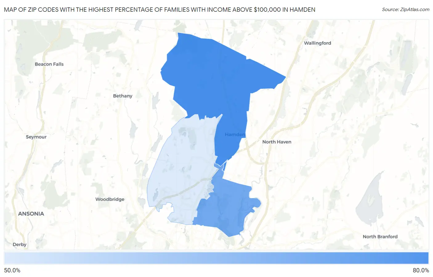 Zip Codes with the Highest Percentage of Families with Income Above $100,000 in Hamden Map