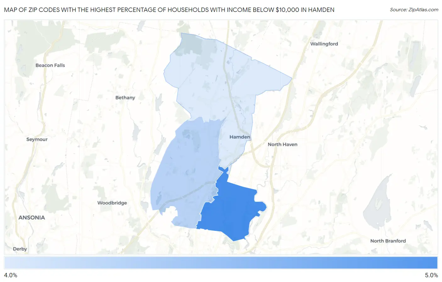 Zip Codes with the Highest Percentage of Households with Income Below $10,000 in Hamden Map