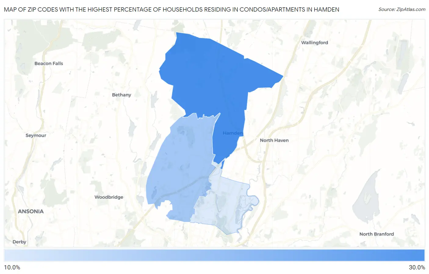 Zip Codes with the Highest Percentage of Households Residing in Condos/Apartments in Hamden Map