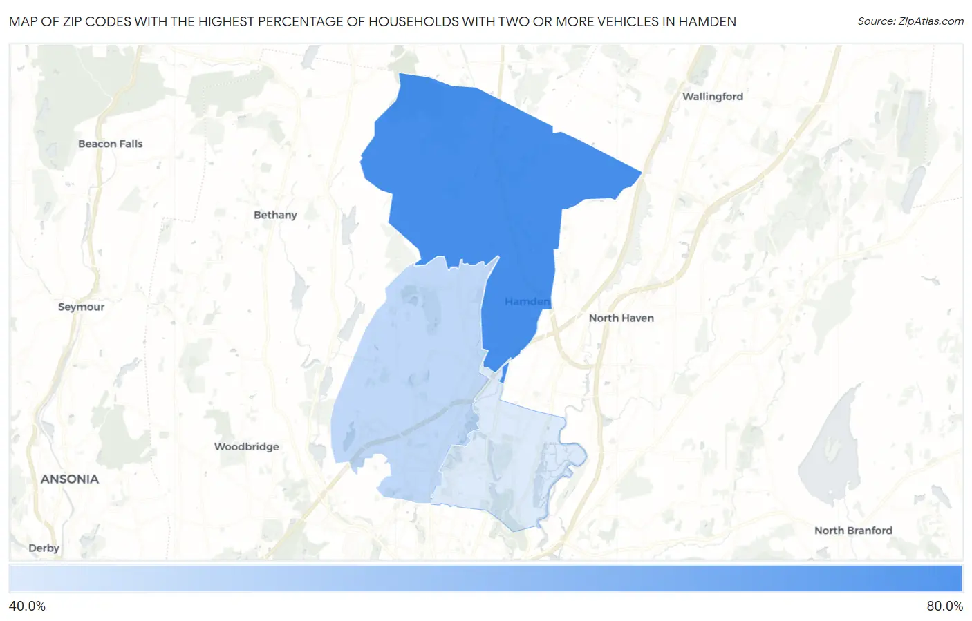Zip Codes with the Highest Percentage of Households With Two or more Vehicles in Hamden Map