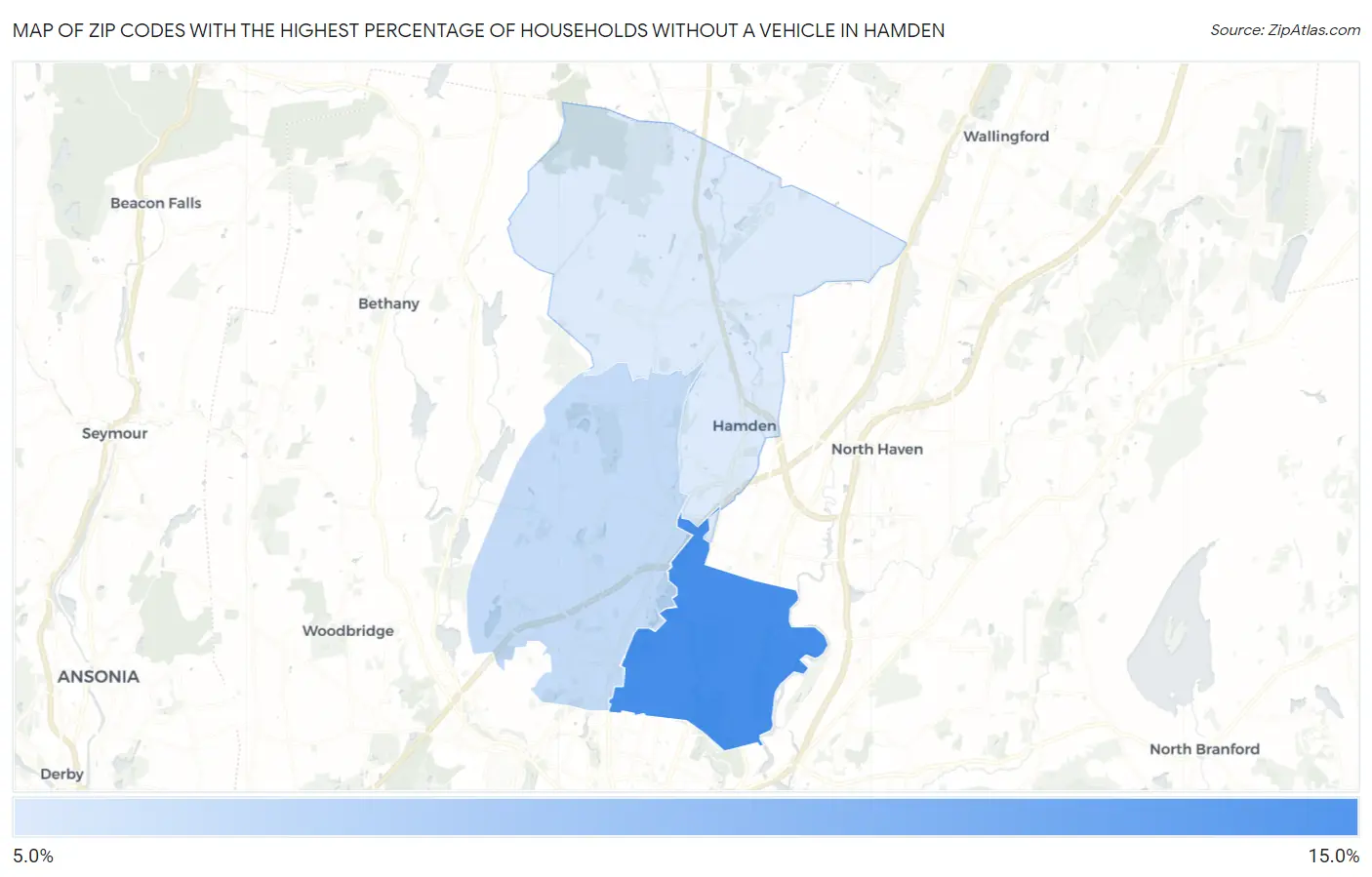 Zip Codes with the Highest Percentage of Households Without a Vehicle in Hamden Map