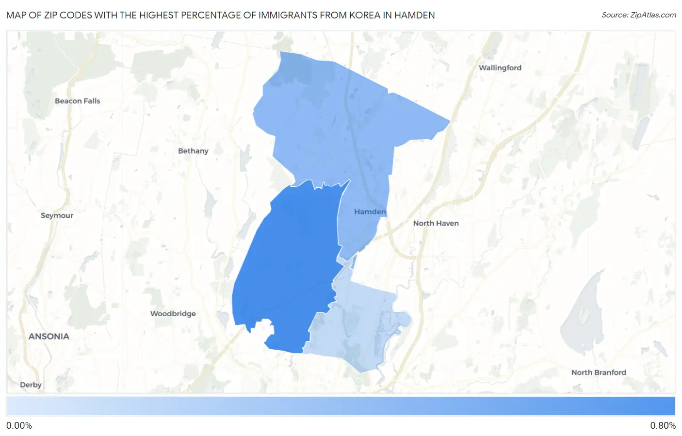 Zip Codes with the Highest Percentage of Immigrants from Korea in Hamden Map