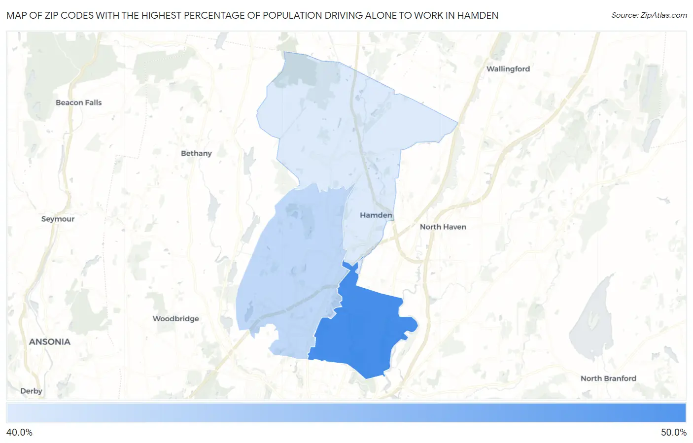 Zip Codes with the Highest Percentage of Population Driving Alone to Work in Hamden Map