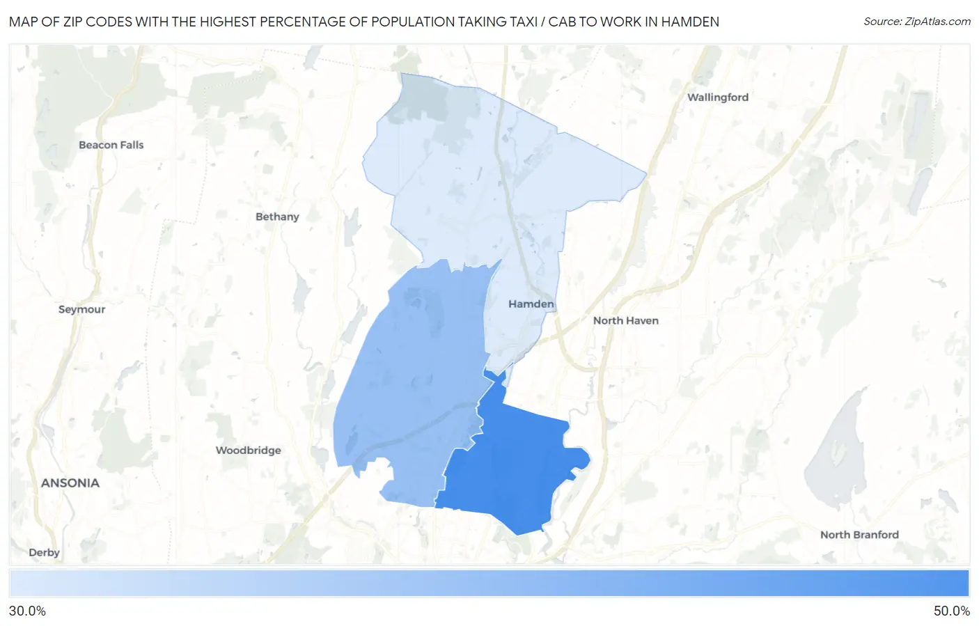 Zip Codes with the Highest Percentage of Population Taking Taxi / Cab to Work in Hamden Map
