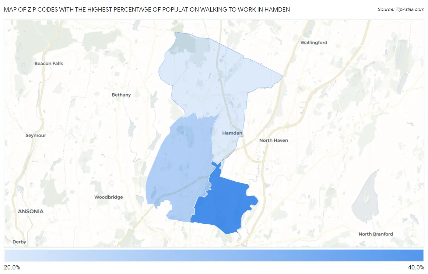 Zip Codes with the Highest Percentage of Population Walking to Work in Hamden Map