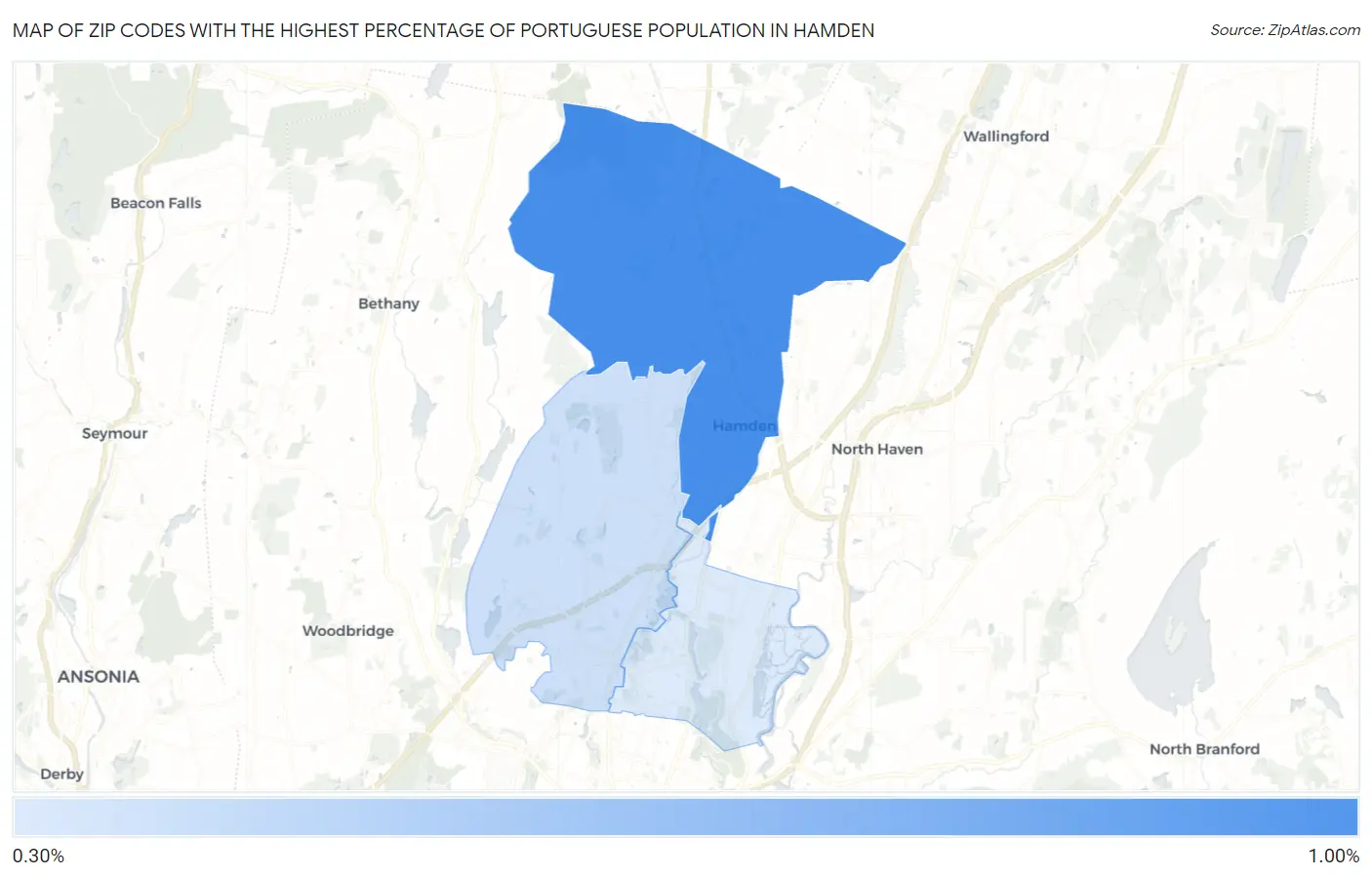 Zip Codes with the Highest Percentage of Portuguese Population in Hamden Map