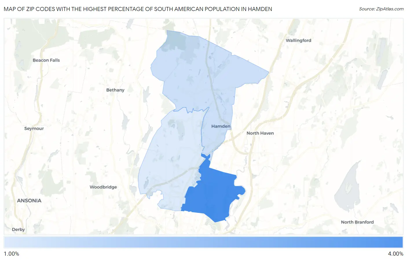 Zip Codes with the Highest Percentage of South American Population in Hamden Map