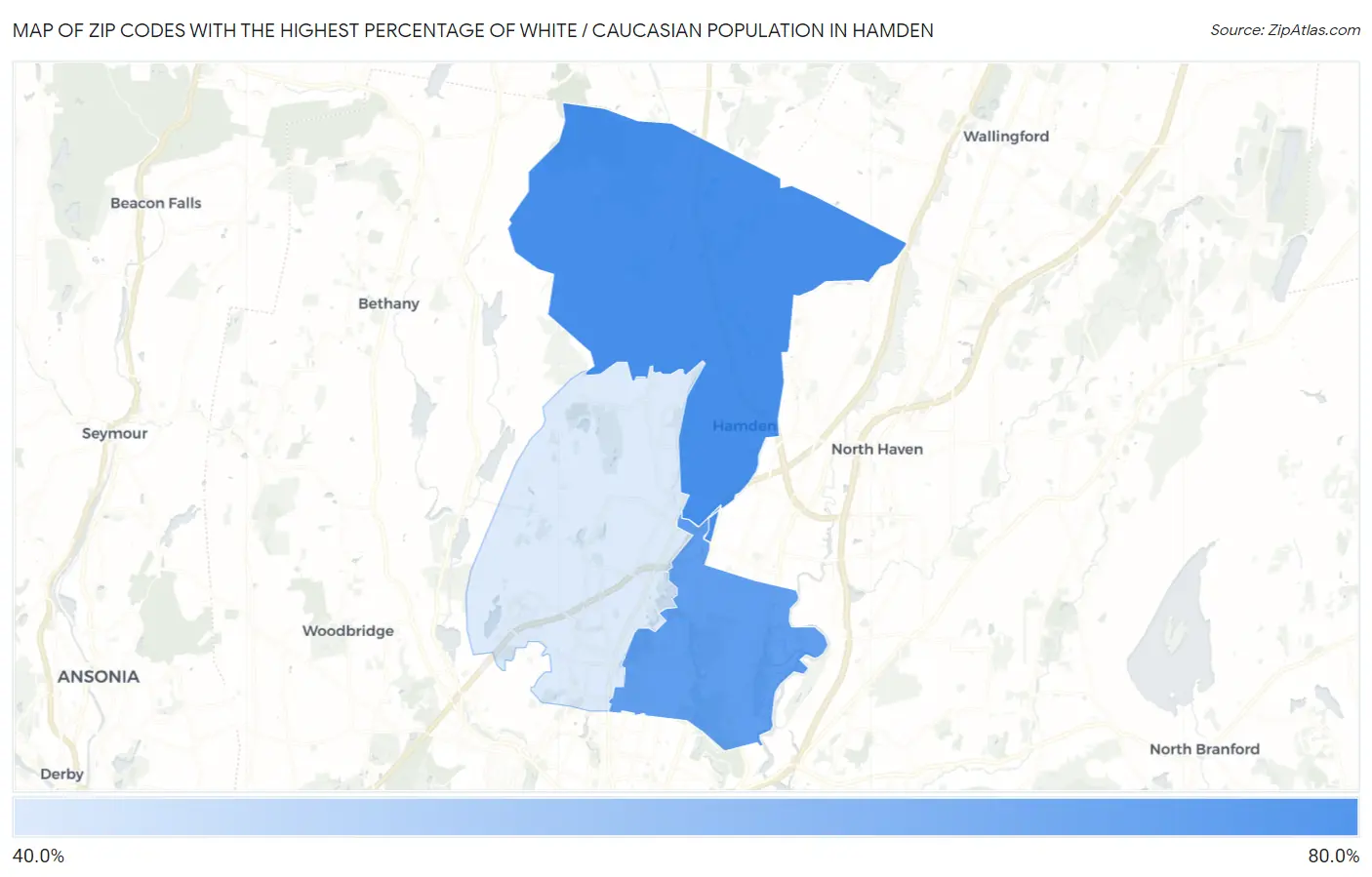 Zip Codes with the Highest Percentage of White / Caucasian Population in Hamden Map