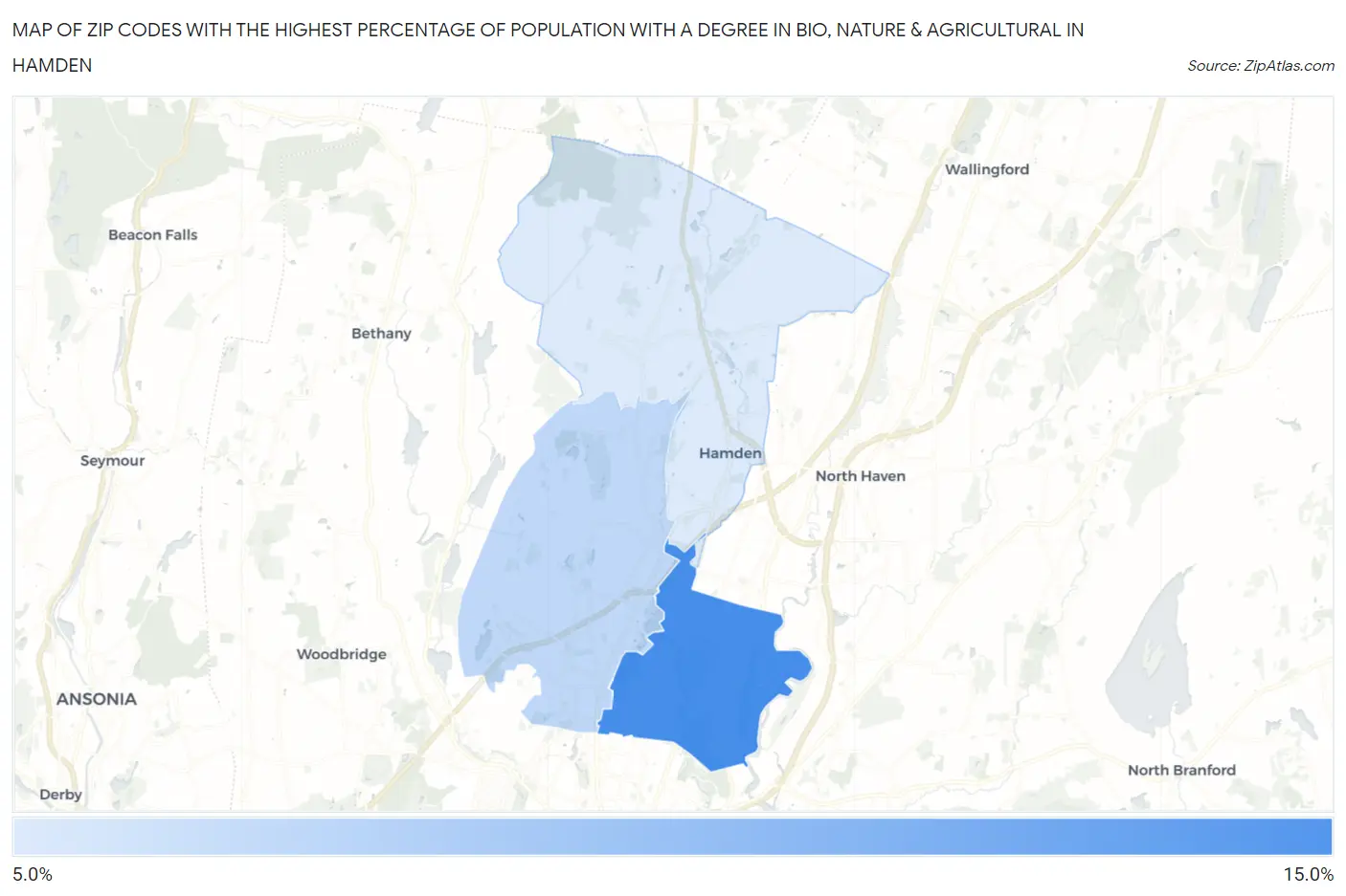 Zip Codes with the Highest Percentage of Population with a Degree in Bio, Nature & Agricultural in Hamden Map