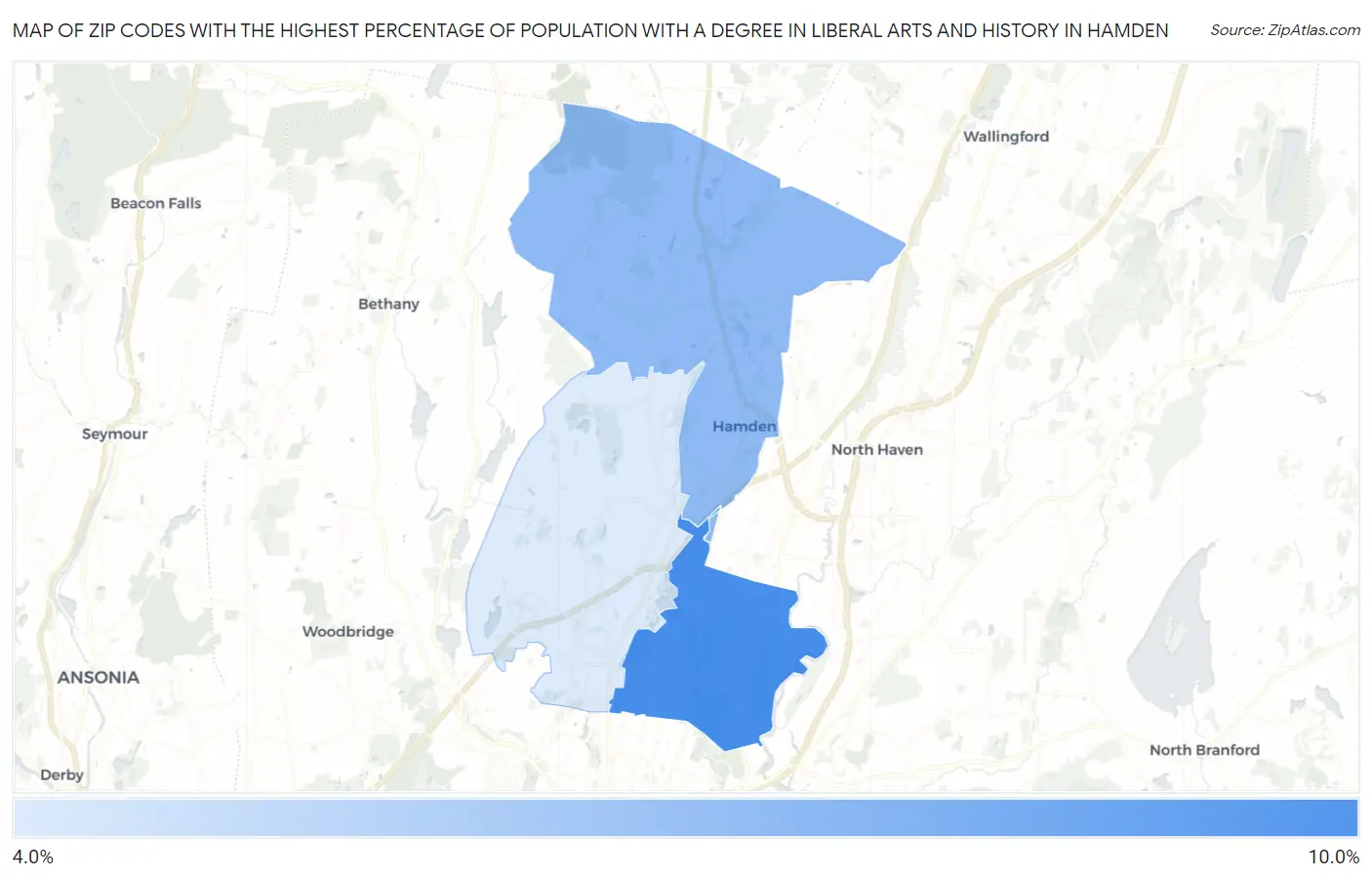 Zip Codes with the Highest Percentage of Population with a Degree in Liberal Arts and History in Hamden Map
