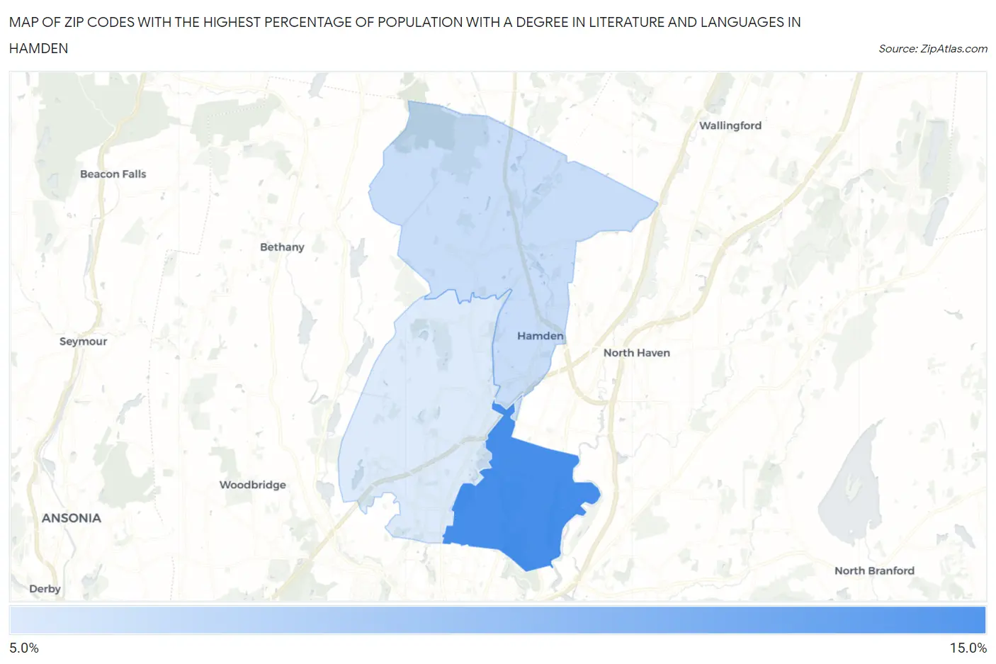 Zip Codes with the Highest Percentage of Population with a Degree in Literature and Languages in Hamden Map