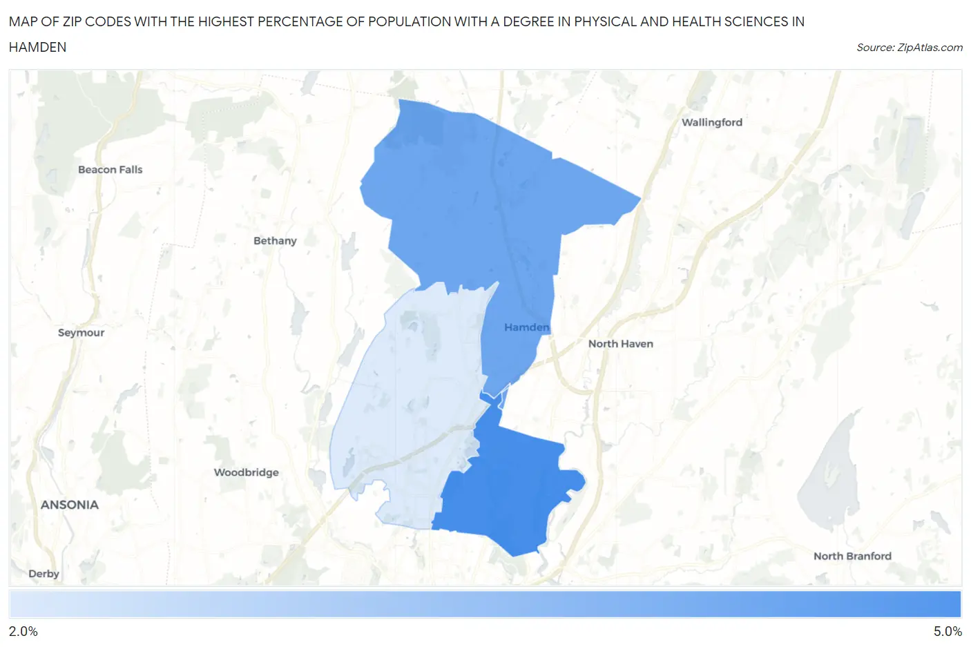 Zip Codes with the Highest Percentage of Population with a Degree in Physical and Health Sciences in Hamden Map