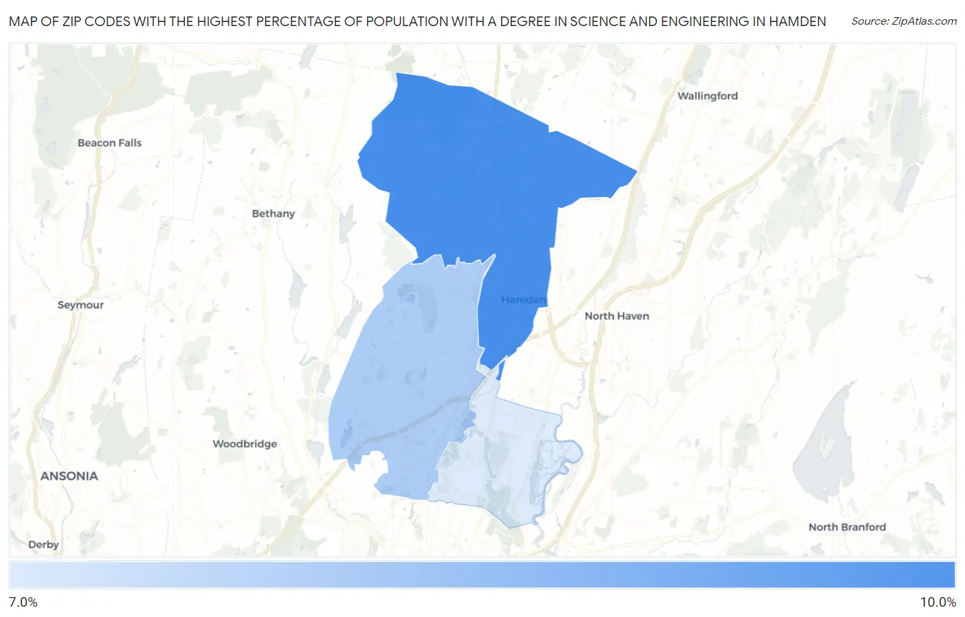 Zip Codes with the Highest Percentage of Population with a Degree in Science and Engineering in Hamden Map