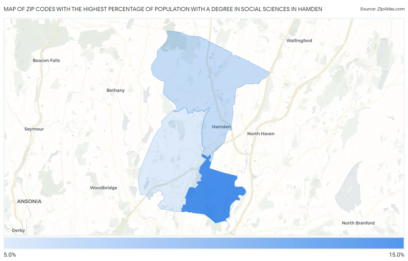 Zip Codes with the Highest Percentage of Population with a Degree in Social Sciences in Hamden Map