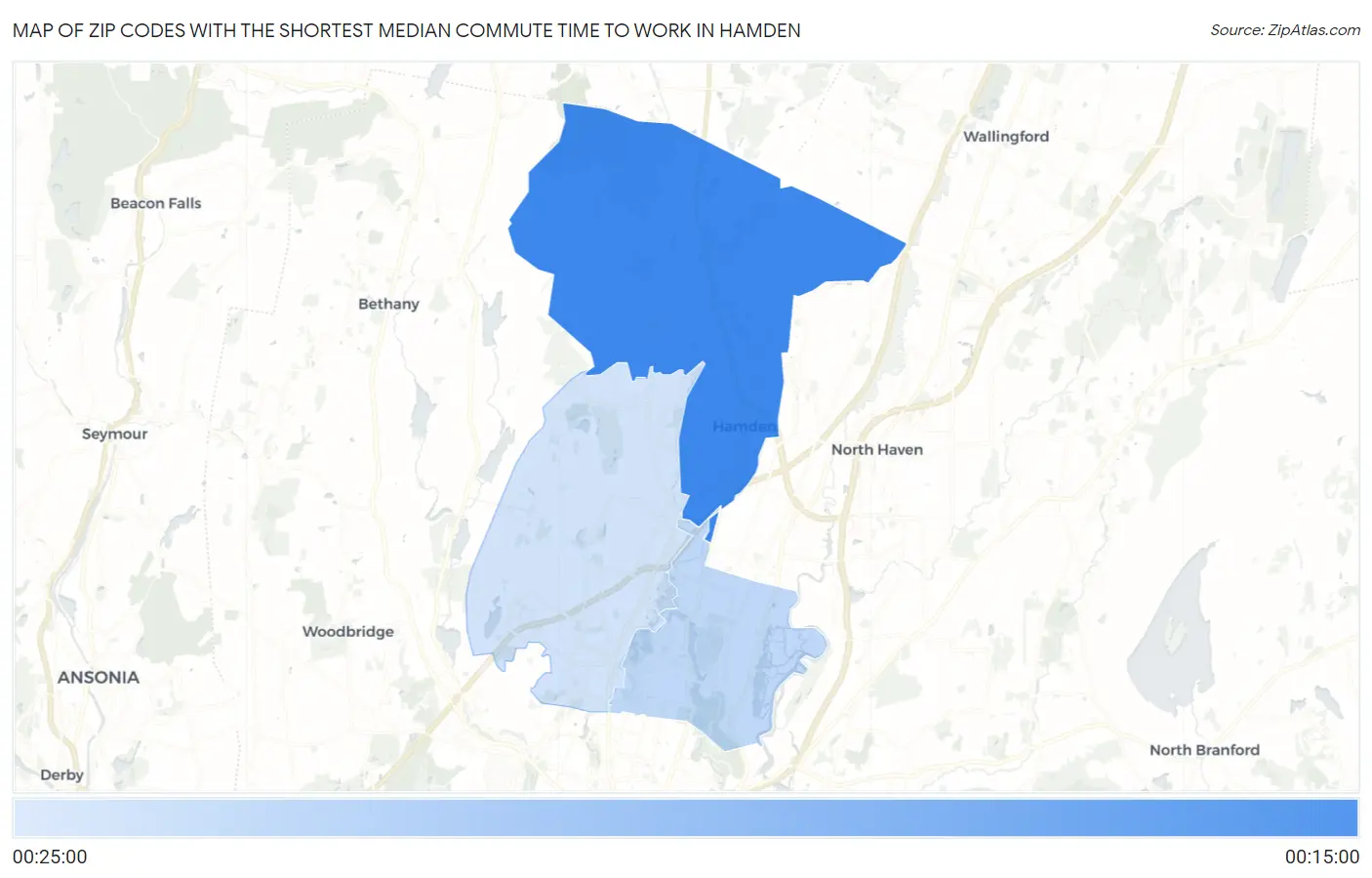 Zip Codes with the Shortest Median Commute Time to Work in Hamden Map