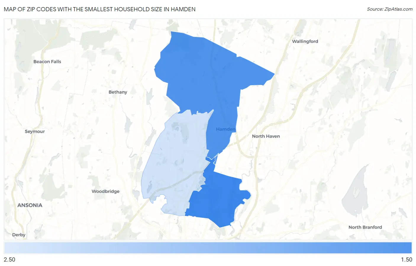 Zip Codes with the Smallest Household Size in Hamden Map