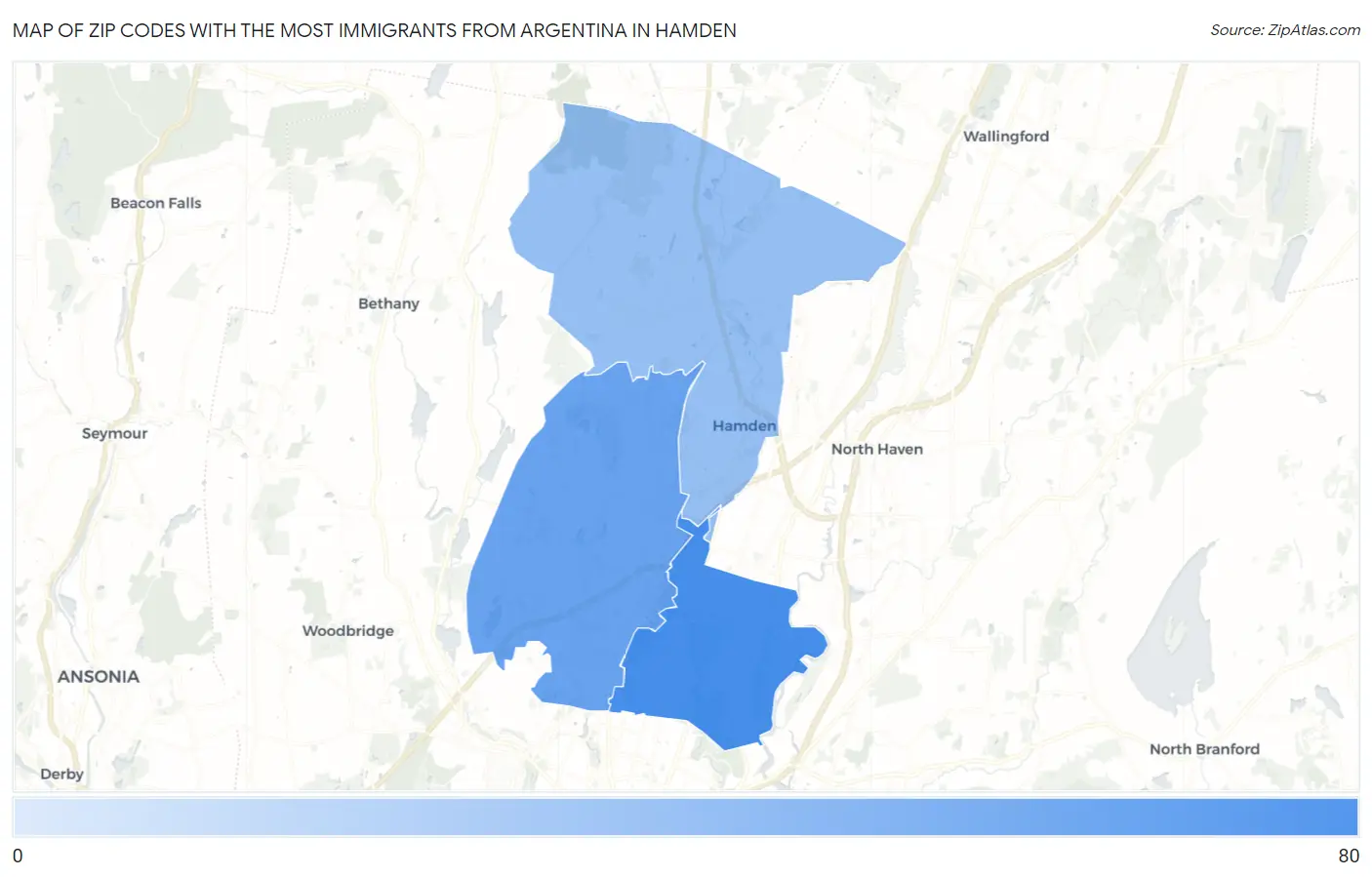 Zip Codes with the Most Immigrants from Argentina in Hamden Map