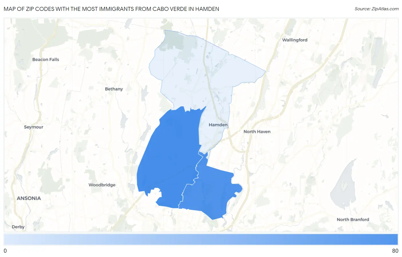 Zip Codes with the Most Immigrants from Cabo Verde in Hamden Map