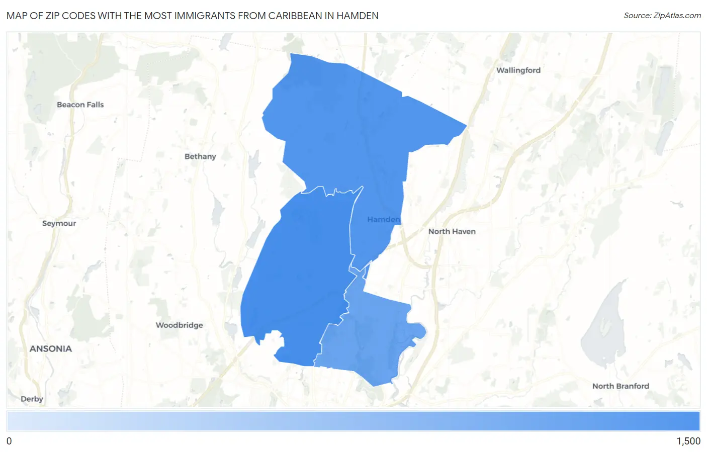 Zip Codes with the Most Immigrants from Caribbean in Hamden Map