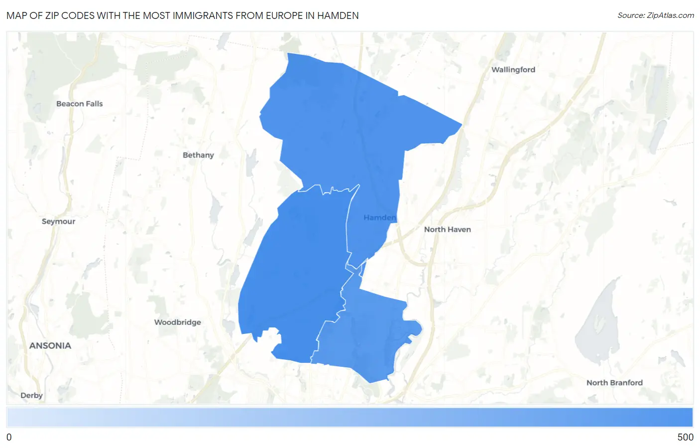 Zip Codes with the Most Immigrants from Europe in Hamden Map