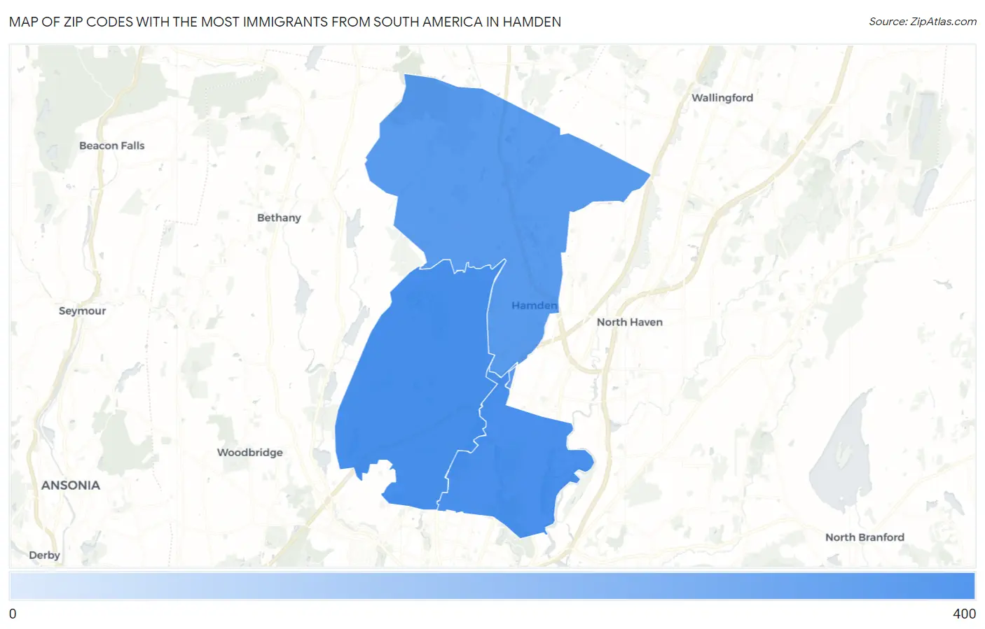Zip Codes with the Most Immigrants from South America in Hamden Map
