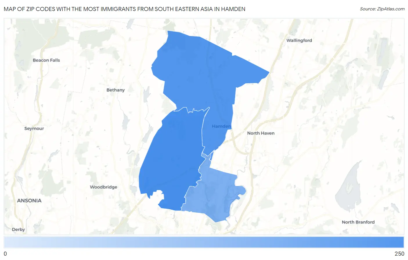 Zip Codes with the Most Immigrants from South Eastern Asia in Hamden Map