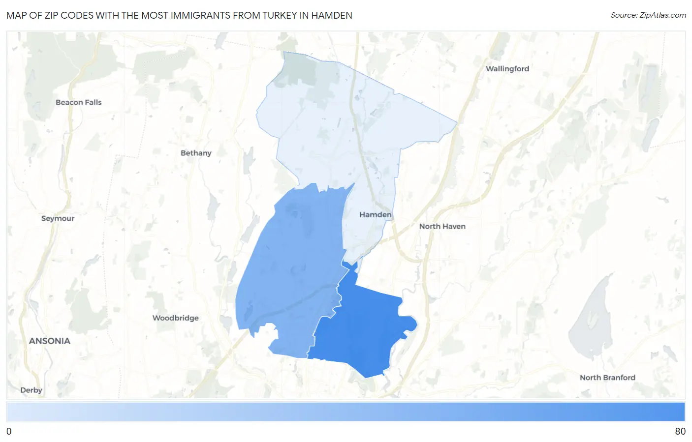 Zip Codes with the Most Immigrants from Turkey in Hamden Map
