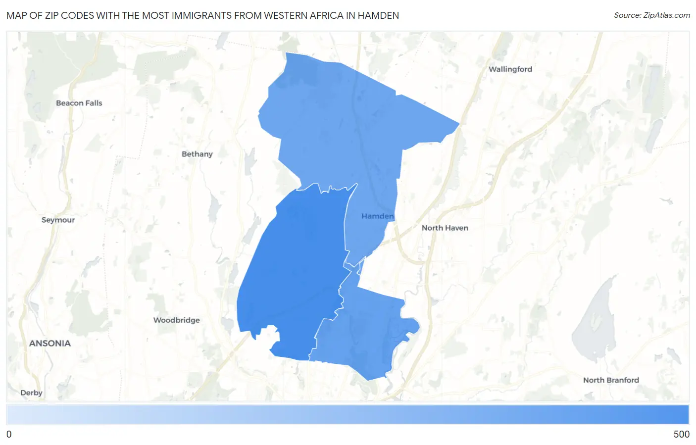 Zip Codes with the Most Immigrants from Western Africa in Hamden Map