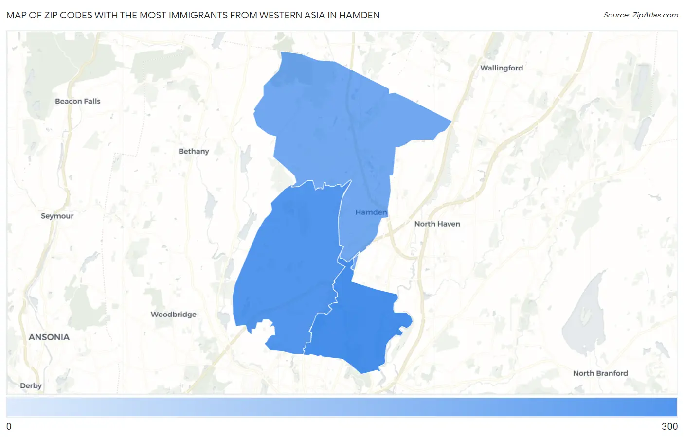 Zip Codes with the Most Immigrants from Western Asia in Hamden Map