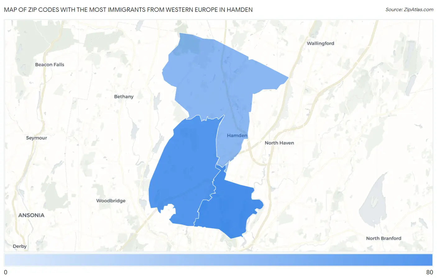 Zip Codes with the Most Immigrants from Western Europe in Hamden Map