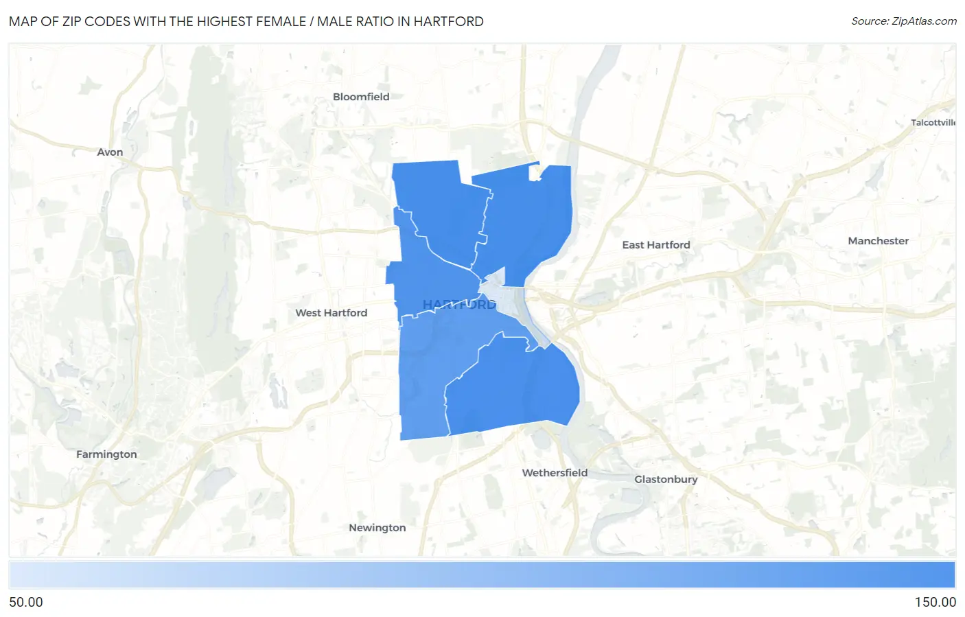 Zip Codes with the Highest Female / Male Ratio in Hartford Map