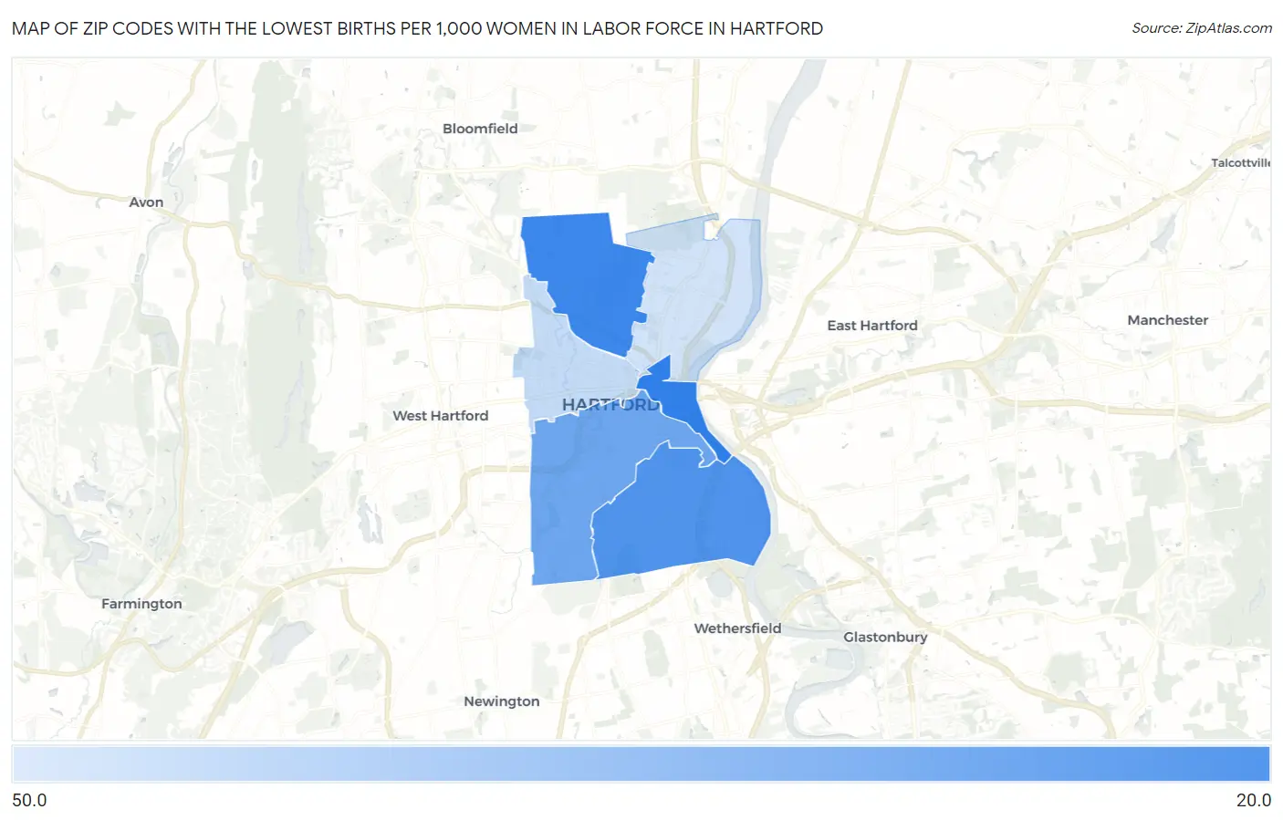 Zip Codes with the Lowest Births per 1,000 Women in Labor Force in Hartford Map
