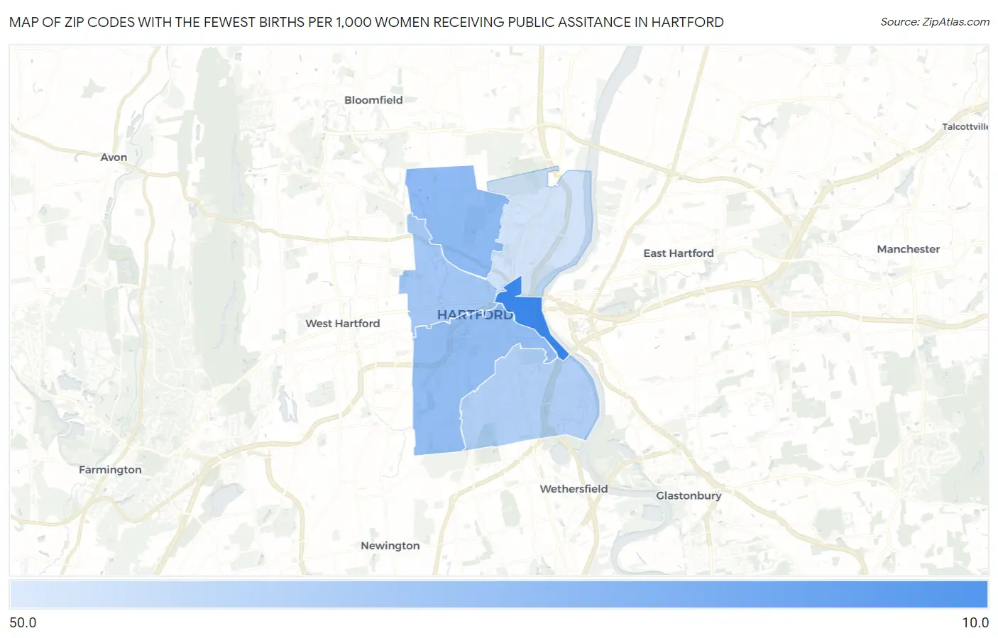 Zip Codes with the Fewest Births per 1,000 Women Receiving Public Assitance in Hartford Map
