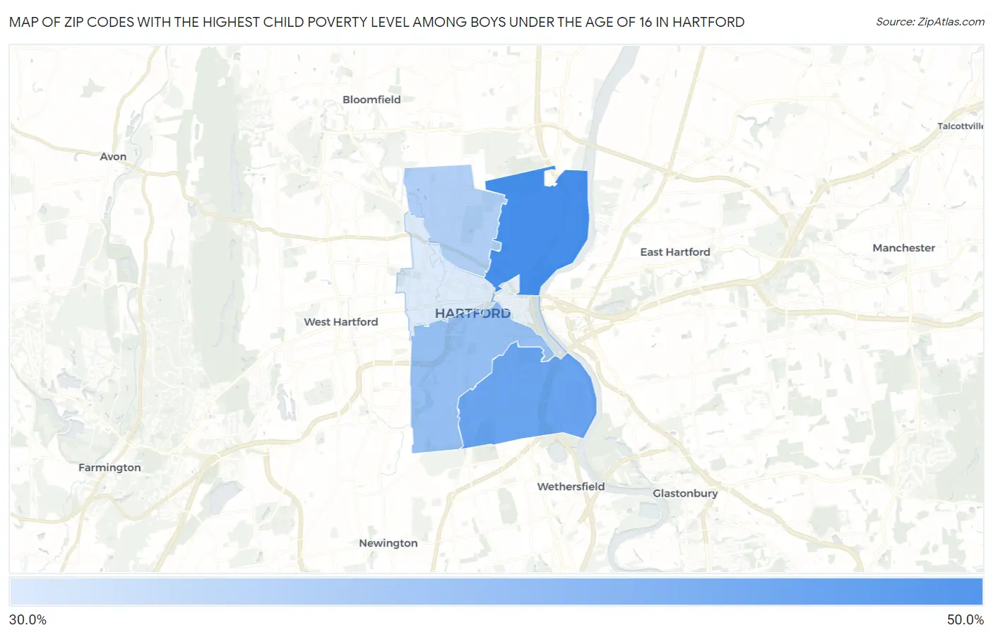 Zip Codes with the Highest Child Poverty Level Among Boys Under the Age of 16 in Hartford Map