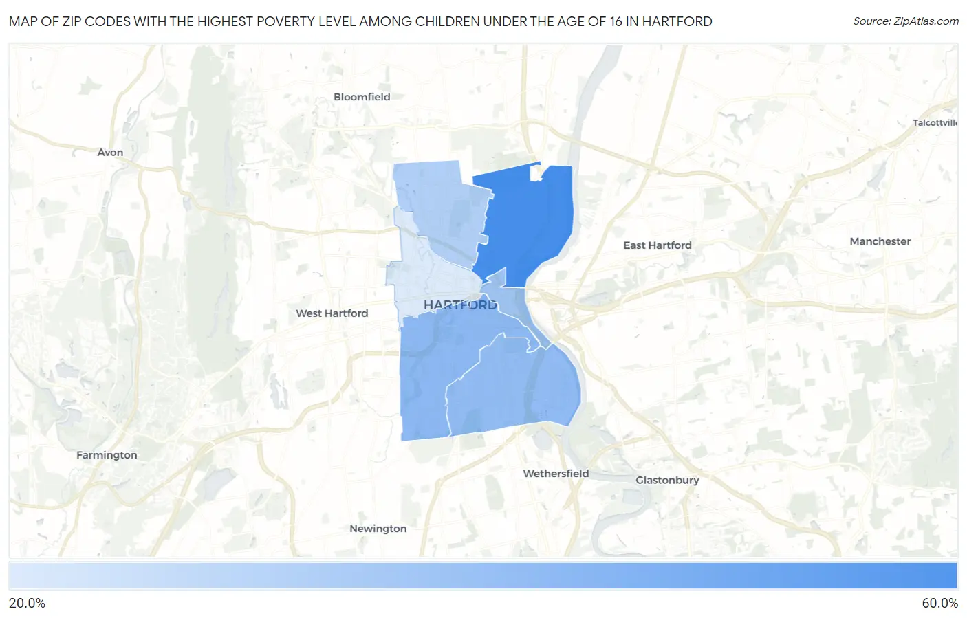 Zip Codes with the Highest Poverty Level Among Children Under the Age of 16 in Hartford Map