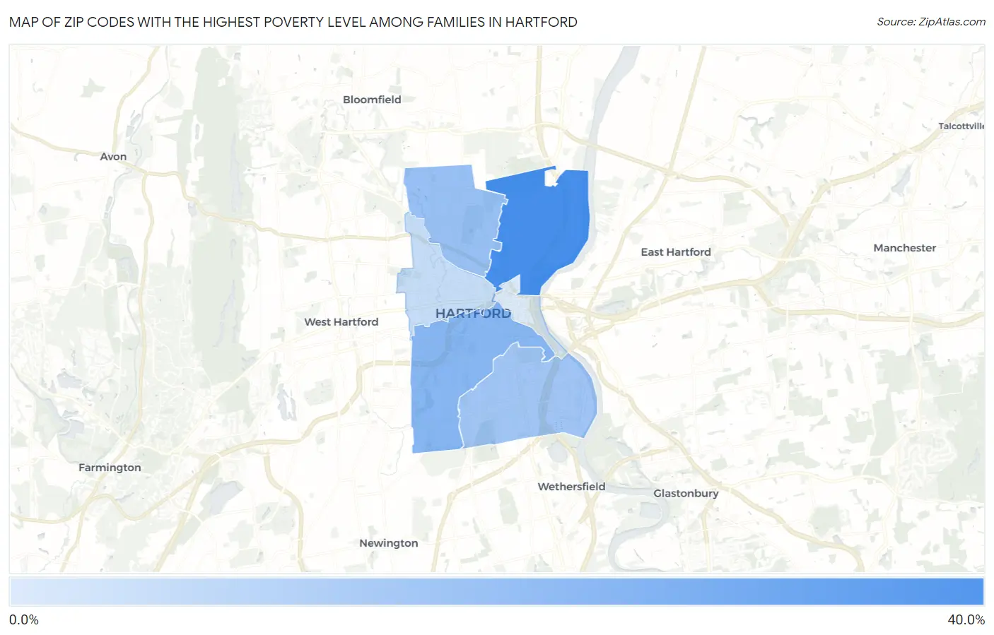 Zip Codes with the Highest Poverty Level Among Families in Hartford Map