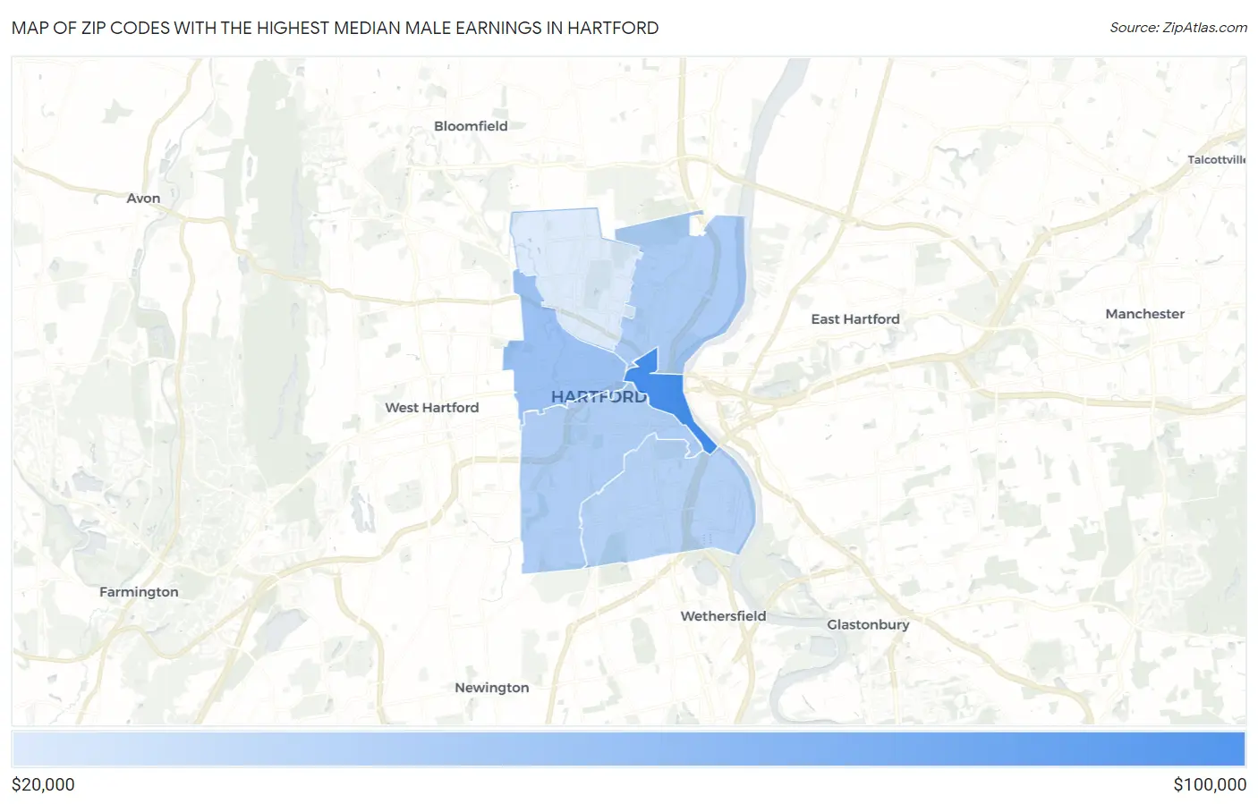 Zip Codes with the Highest Median Male Earnings in Hartford Map