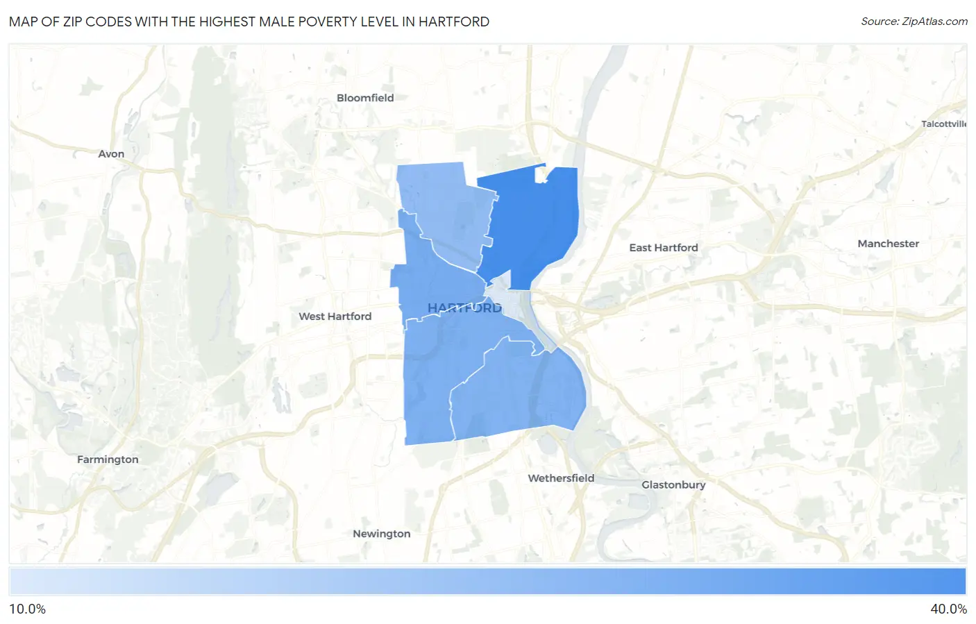 Zip Codes with the Highest Male Poverty Level in Hartford Map