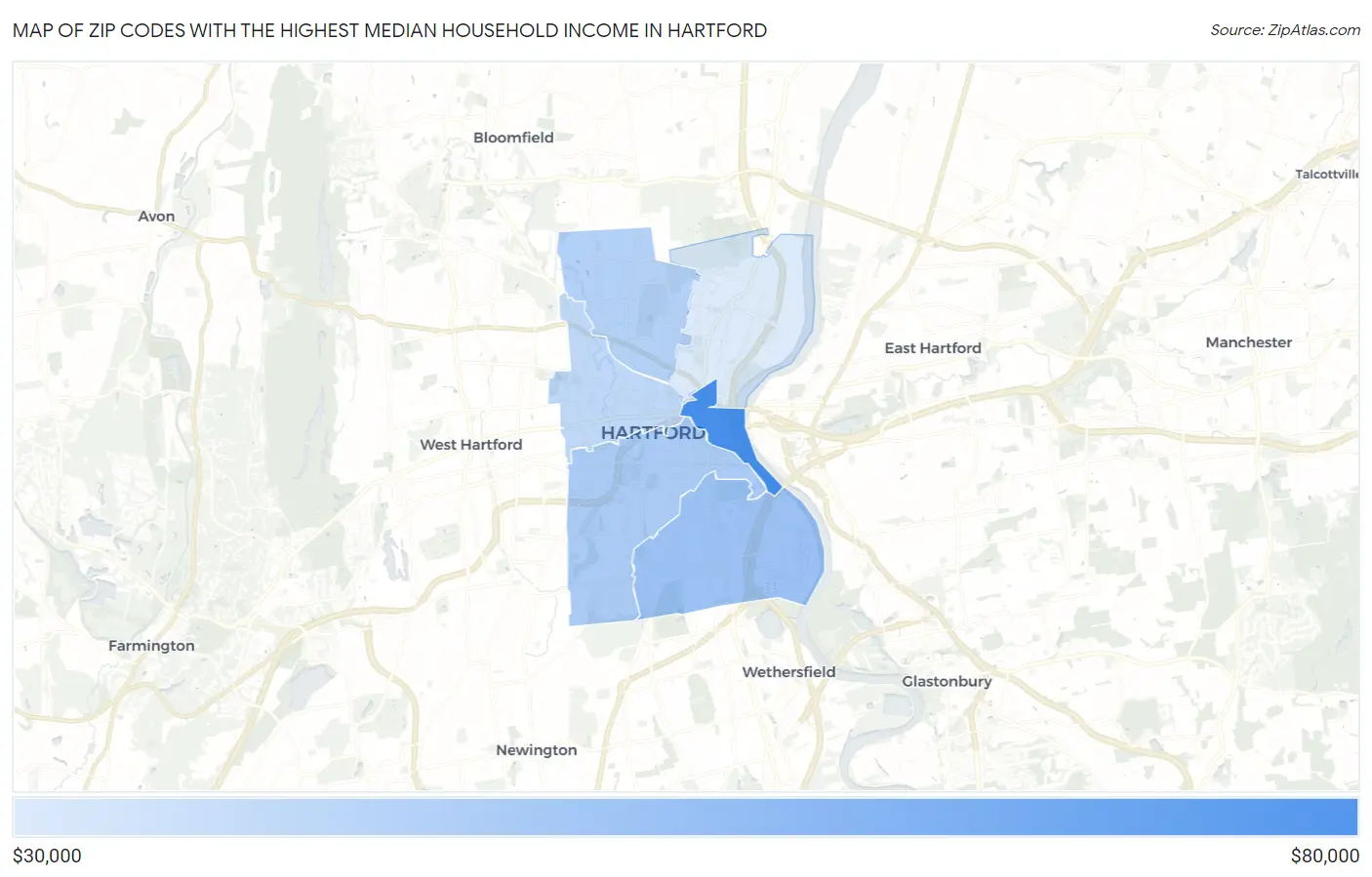 Zip Codes with the Highest Median Household Income in Hartford Map