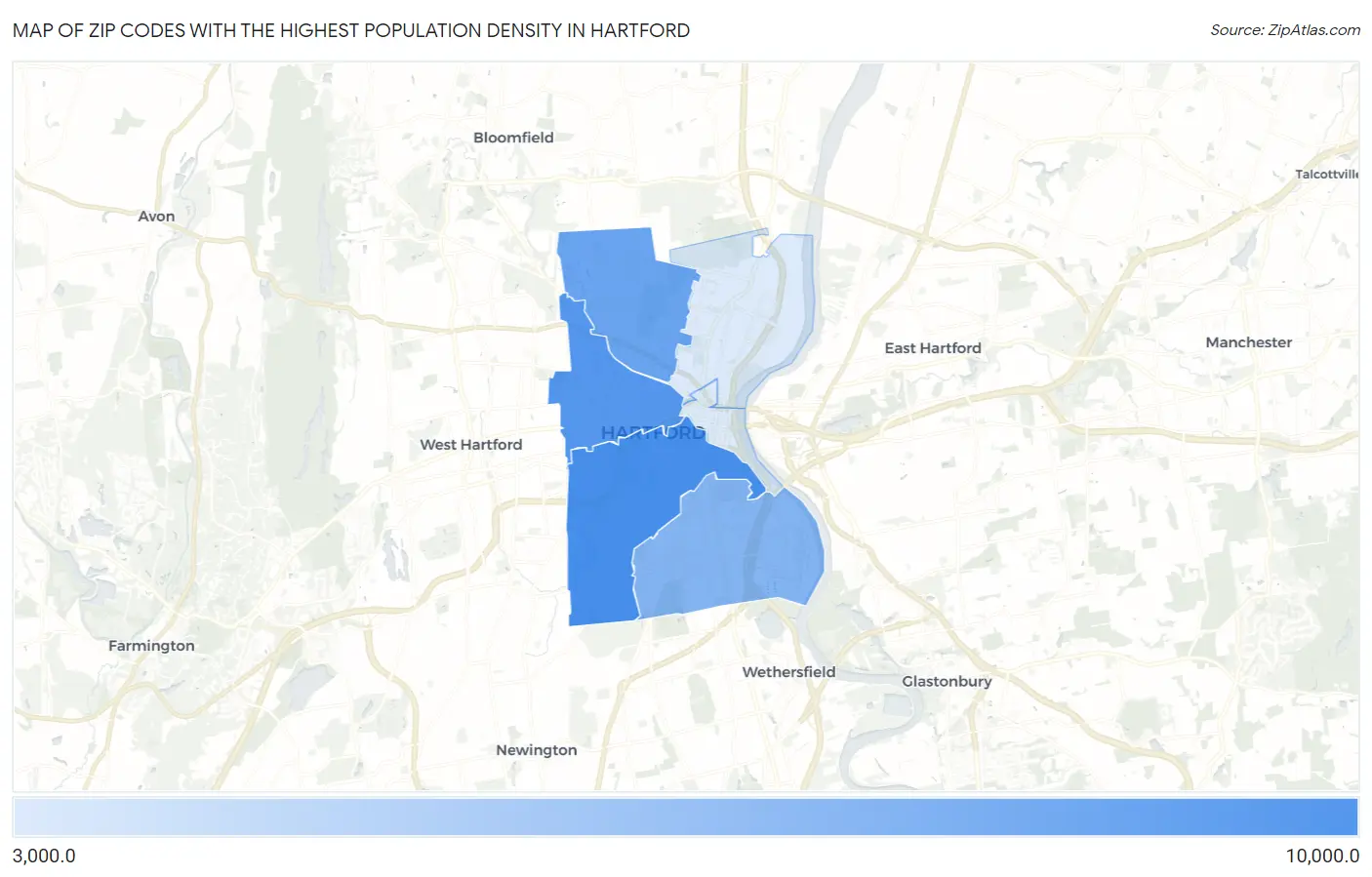 Zip Codes with the Highest Population Density in Hartford Map
