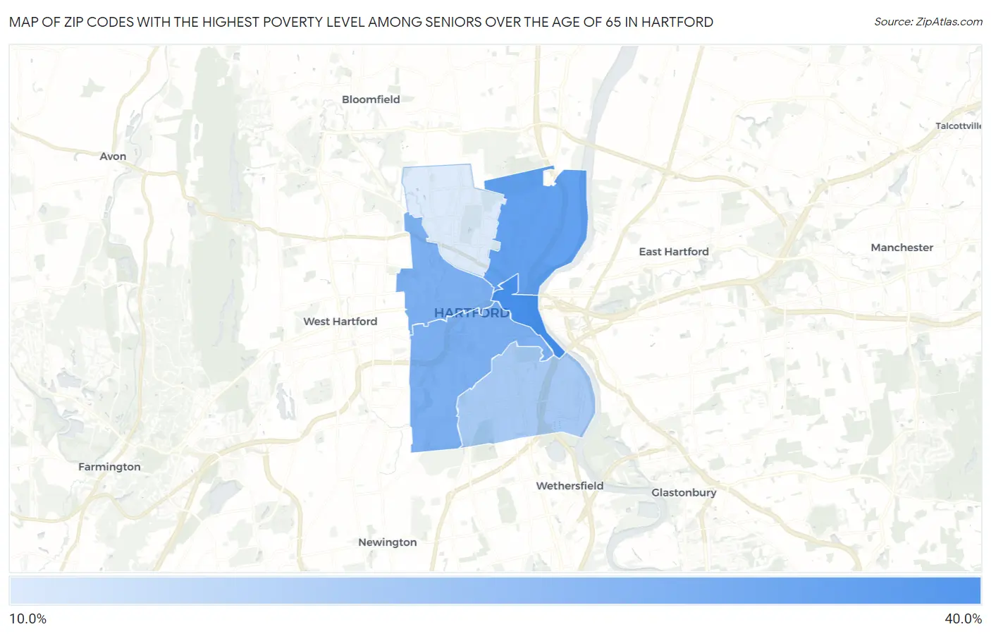 Zip Codes with the Highest Poverty Level Among Seniors Over the Age of 65 in Hartford Map