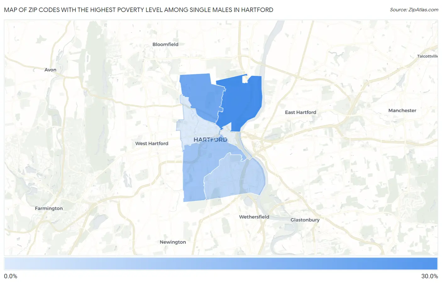 Zip Codes with the Highest Poverty Level Among Single Males in Hartford Map