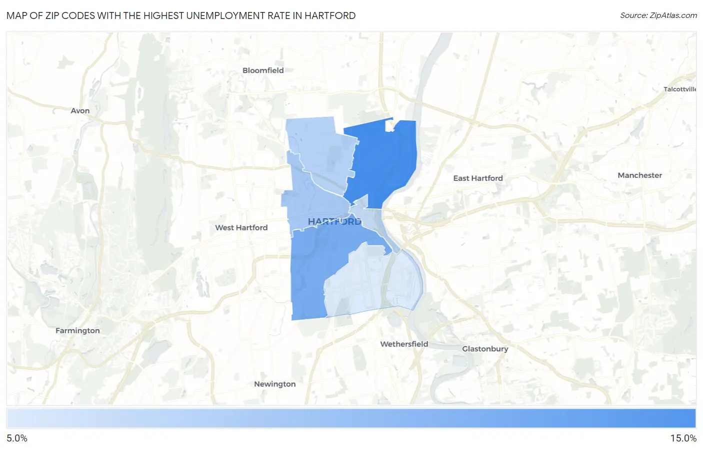 Zip Codes with the Highest Unemployment Rate in Hartford Map