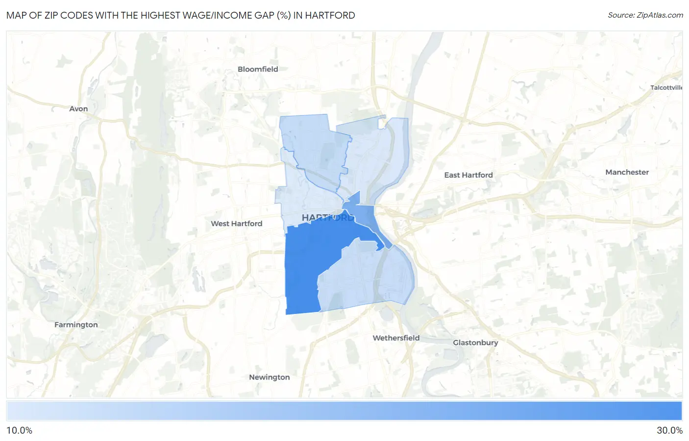 Zip Codes with the Highest Wage/Income Gap (%) in Hartford Map
